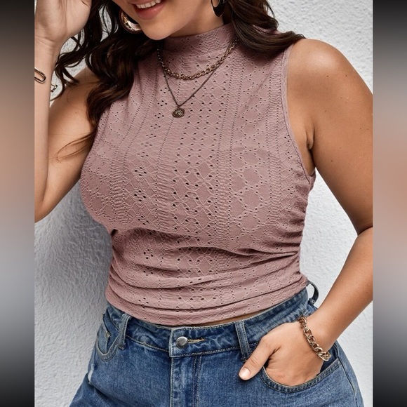 Plus Size Eyelet Embroidery Ruched Crop Tank Top Blouse Shirt - Picture 1 of 6